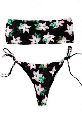 Modern Women Flower Print Bandeau 2 Piece Swimsuit Bikini Set Cross Back Tie Sides Beach Swimwear_4