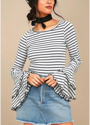 Modern Women Stripe T-shirt Flare Sleeve Round Neck Layer Tops Blouse_1