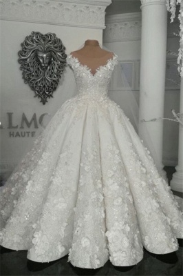 Sheer Tulle Flowers Wedding Dresses with Beading 2019 Sleeveless Crystal Bridal Gowns Online_1