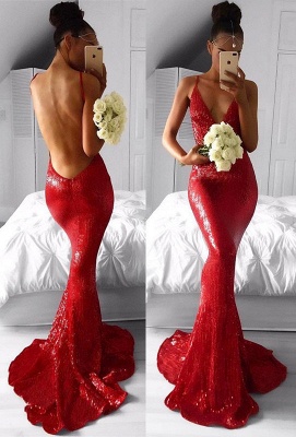 Sexy Red Deep V-Neck Mermaid Prom Dresses  Backless Sequined Evening Gowns BA7966_1