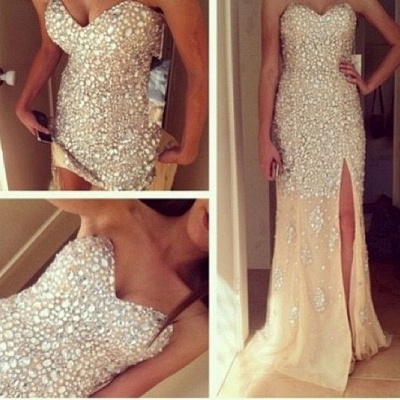 Sexy Sparkly Prom Dresses  Sweetheart Sequined Side Slit Sweep Train Mermaid Evening Gowns_2