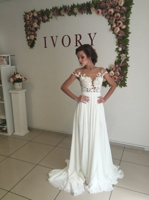 Short Sleeve A-Line Chiffon Summer Wedding Dresses Split Lace Applique Beach Bridal Gowns BA3033_1