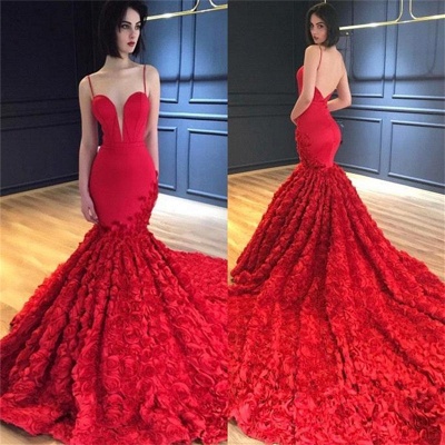 Luxury Red Flowers Mermaid Gorgeous Prom Dresses  | Sexy Spaghetti Straps Backless Evening Dress_4