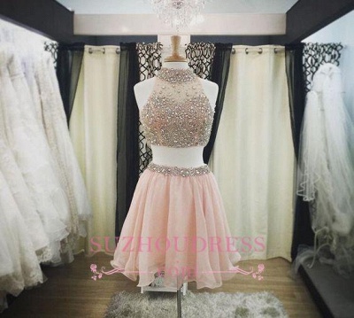 Crystals Two Piece Luxury Halter Hoco Dresses   Short Blush Pink Homecoming Dresses_1