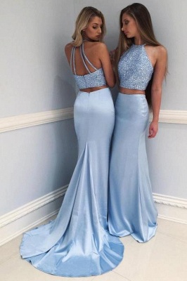 Gorgeous Blue Mermaid Two Pieces Prom Dresses  Crystal Court Train Evening Gowns SK0082_1