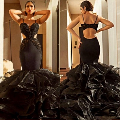 Spaghetti Straps Mermaid Black Prom Dresses | Ruffle Open Back Sexy Evening Dress_3