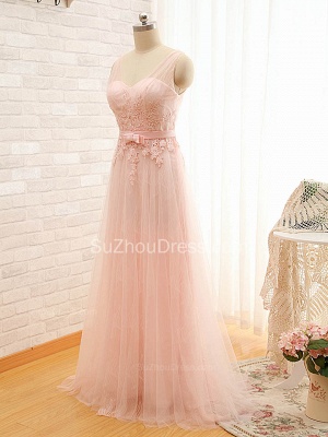 Cute Pink Tulle Long Prom Dress Formal Bowknot V-Neck Floor Length Formal Occasion Dresses_2