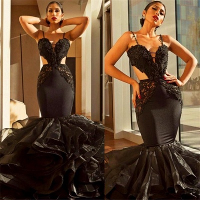 Spaghetti Straps Mermaid Black Prom Dresses | Ruffle Open Back Sexy Evening Dress_4