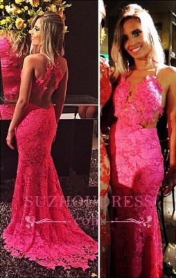 Sexy Sleeveless Open-Back Lace Mermaid Red Prom Dresses_2