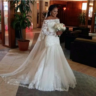 Lace Long Sleeve Mermaid Wedding Dresses Off The Shoulder Bridal Gowns_3