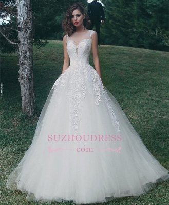 Tulle Appliques A Line Elegant Summer Bride Dress  Sleeveless Glamorous Wedding Dress_1