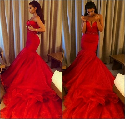 Red Mermaid Sweetheart Court Train Evening Dress Crystal Tulle Formal Occasion Dress BO7481_3