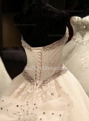 Sweetheart Ball Gown Shiny Bridal Gowns Lace Applique Court Train Beadings Wedding Dress with Bowknot_5