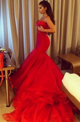Red Mermaid Sweetheart Court Train Evening Dress Crystal Tulle Formal Occasion Dress BO7481_1