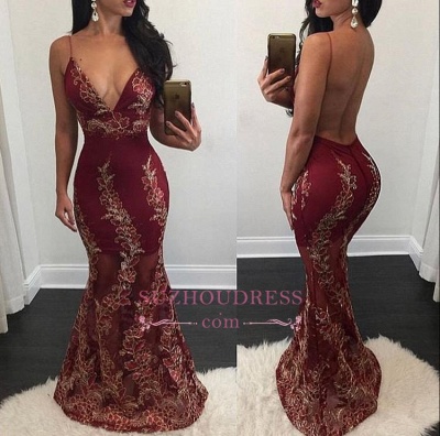 Mermaid Appliques Evening Gown  Sweep Train Sexy V-Neck Backless Prom Dress_1