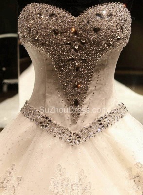 Sweetheart Ball Gown Shiny Bridal Gowns Lace Applique Court Train Beadings Wedding Dress with Bowknot_4