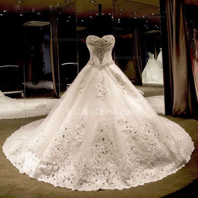 Sweetheart Ball Gown Shiny Bridal Gowns Lace Applique Court Train Beadings Wedding Dress with Bowknot_2