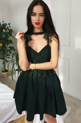 Green A-Line V-Neck Short Homecoming Dress |  Lace Sleeveless Homecoming Dresses_1