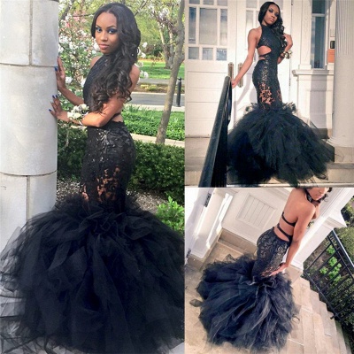 Black Halter Open Back Prom Dress  Mermaid Lace Tulle Sexy  Evening Dress FB0011_4