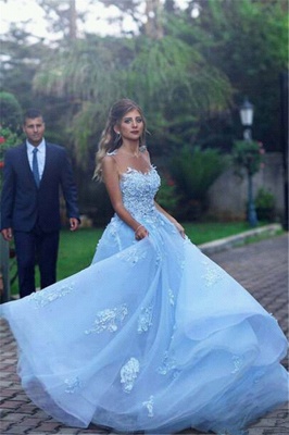 Elegant A-line Baby Blue Sheer Tulle Prom Dresses  Appliques Sleeveless Evening Gowns_2