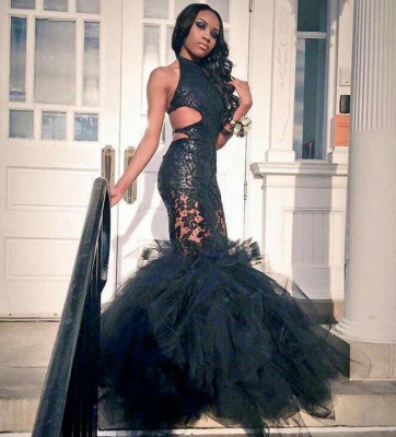 Black Halter Open Back Prom Dress  Mermaid Lace Tulle Sexy  Evening Dress FB0011_3