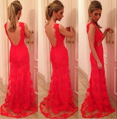 V Neck Red Lace Evening Dresses Sweep Train Backless Glorious  Prom Gowns_2