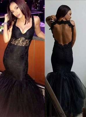 Sexy Black Mermaid V-Neck Prom Dresses  Open Back Sleeveless Evening Gowns_1