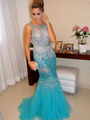 Sexy Mermaid Tulle Long Evening Dress with Crystals Open Back Plus Size Formal Occasion Gowns_1