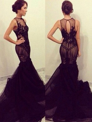 Sexy Black Lace Mermaid Evening Party Dresses Illusion Tulle   Prom Dress_1