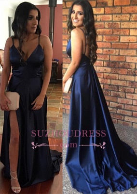 Navy Blue V-Neck Formal Dress   Sleeveless Open-Back Side-Slit Newest Prom Dress_3