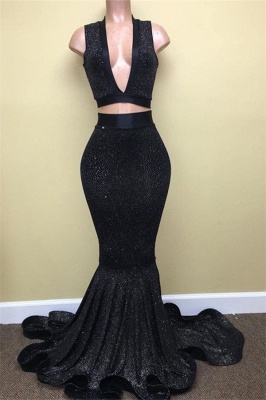 Black Two Pieces Sequined Prom Dresses  Deep V-Neck Sleeveless Evening Dresses BA8041_1