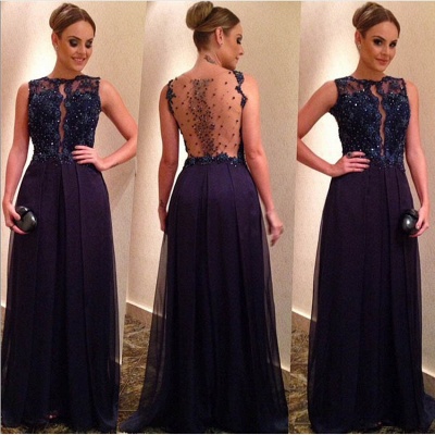 Crystal Dark Blue Long Evening Dress with Beadings Open Back Long Formal Occasion Dresses BA6312_3