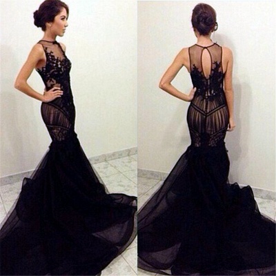Sexy Black Lace Mermaid Evening Party Dresses Illusion Tulle   Prom Dress_3