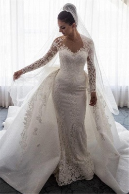 Gorgeous Bowknot Detachable Overskirt Wedding Dresses Mermaid Lace Bridal Gowns with Sleeves On Sale_1