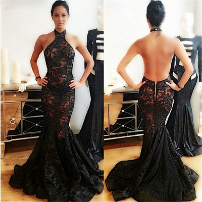 Sexy Backless Evening Gowns  Halter Black Lace Mermaid Prom Dresses_3