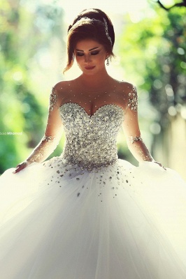 Sheer Sweetheart Crystal Ball Gown Wedding Dresses Lace-up Long Sleeve Tulle Beautiful Wedding Princess Dress MH001_1