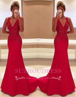 Red Two Straps V-Neckline Sleeveless With Appliques Long Prom Dress_2