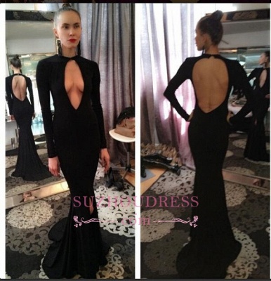Sexy Open Black Long-Sleeve Evening Dresses  | Black Sheath Prom Dress with Keyhole_1