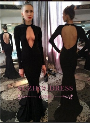 Sexy Open Black Long-Sleeve Evening Dresses  | Black Sheath Prom Dress with Keyhole_3
