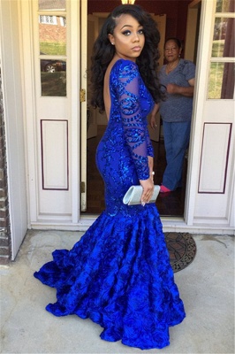 Royal Blue Long Sleeves Mermaid Prom Dresses |  Sexy Backless Evening Dresses SK0158_3