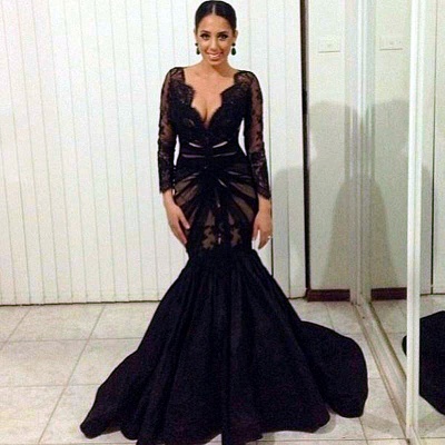 Long Sleeve Black Lace Deep V-neck Evening Dresses Sheer Tulle  Prom Gowns CE0049_3