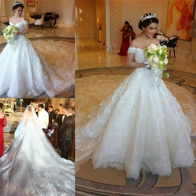 Latest Off Shoulder White Ball Gown Wedding Dress Popular Lace Court Train Bridal Gowns_2