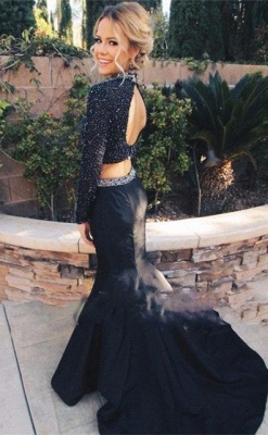 Black High Neck Beading Prom Dress  Mermaid Long Sleeve Two Piece Evening Gowns AE0113_3