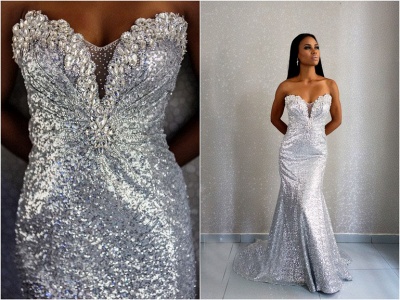 Sweetheart Silver Sequins Evening Dresses  Mermaid Crystals Prom Dress_3
