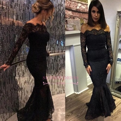 Elegant Off-shoulder Long Sleeves Evening Dresses | Black Lace Mermaid Prom Dress_1