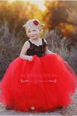 Black Appliques Red Tulle Puffy  Flowers Girl Dress_3