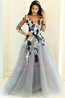 Navy and White Appliques Long Sleeve Formal Dresses Lace Popular Sheer V-neck Prom Dresses_2