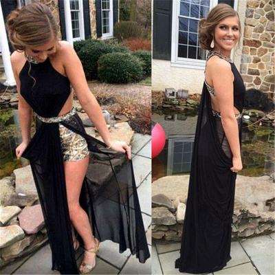 Sexy Black Prom Dress  Side Slit Halter Cutaway Evening Gowns with Crystals_3