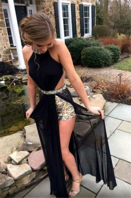 Sexy Black Prom Dress  Side Slit Halter Cutaway Evening Gowns with Crystals_1