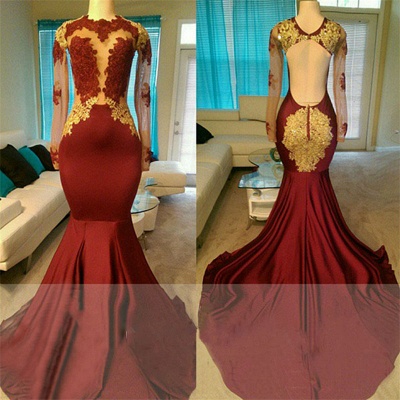 Open Back Gold Lace Burgundy Prom Dress | Mermaid Sheer Tulle Long Evening Gown BA7879_1